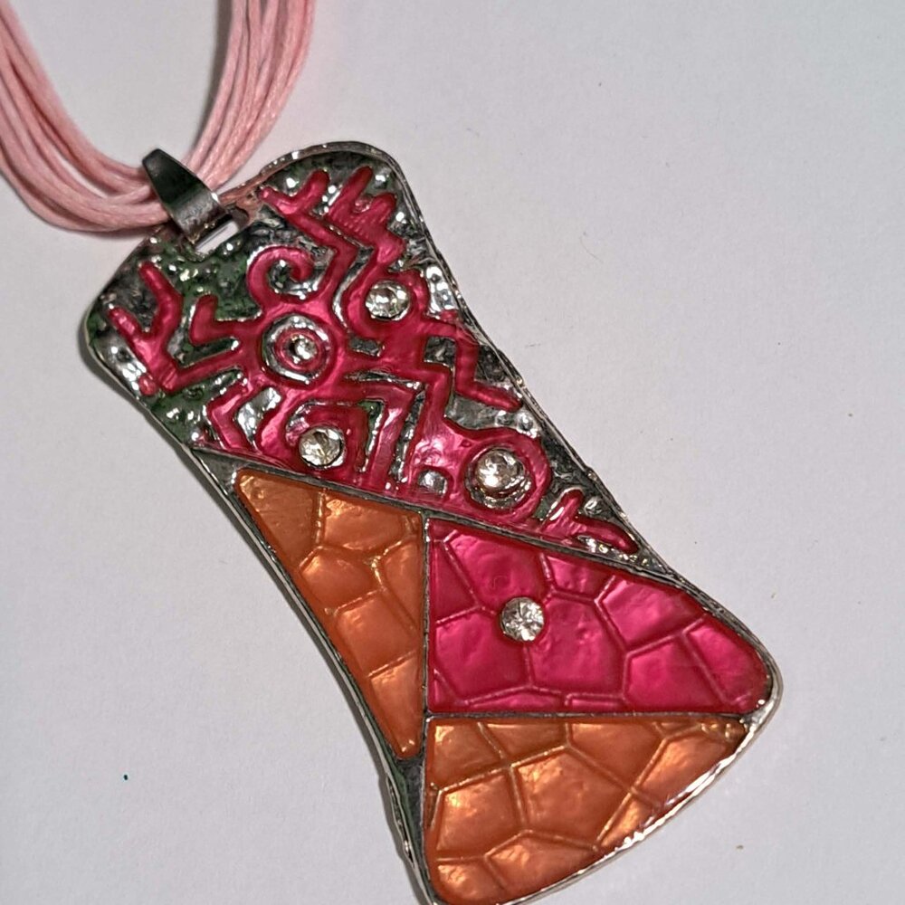 pink orange silver color earing and necklace set large pendant abstract - Picture 7 of 7